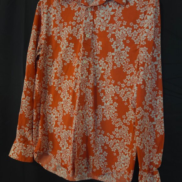 Express Men’s Long Sleeve Size S Dress Shirt  Orange W White Flowers Button Up - Picture 2 of 9